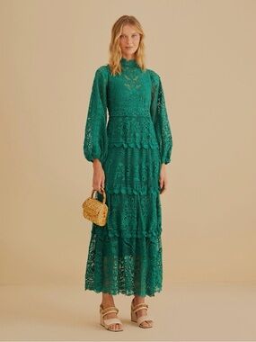 NWT Farm Rio Dark Emerald Green Guipure Lace Long Sleeve Maxi Dress Medium New